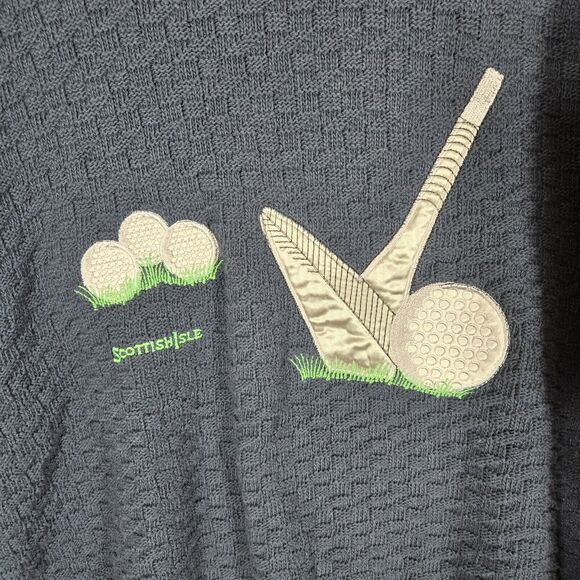 Vintage Scottish Isle Golf Sweater Mens Large Blue Hand Framed Knit Applique - Picture 2 of 7
